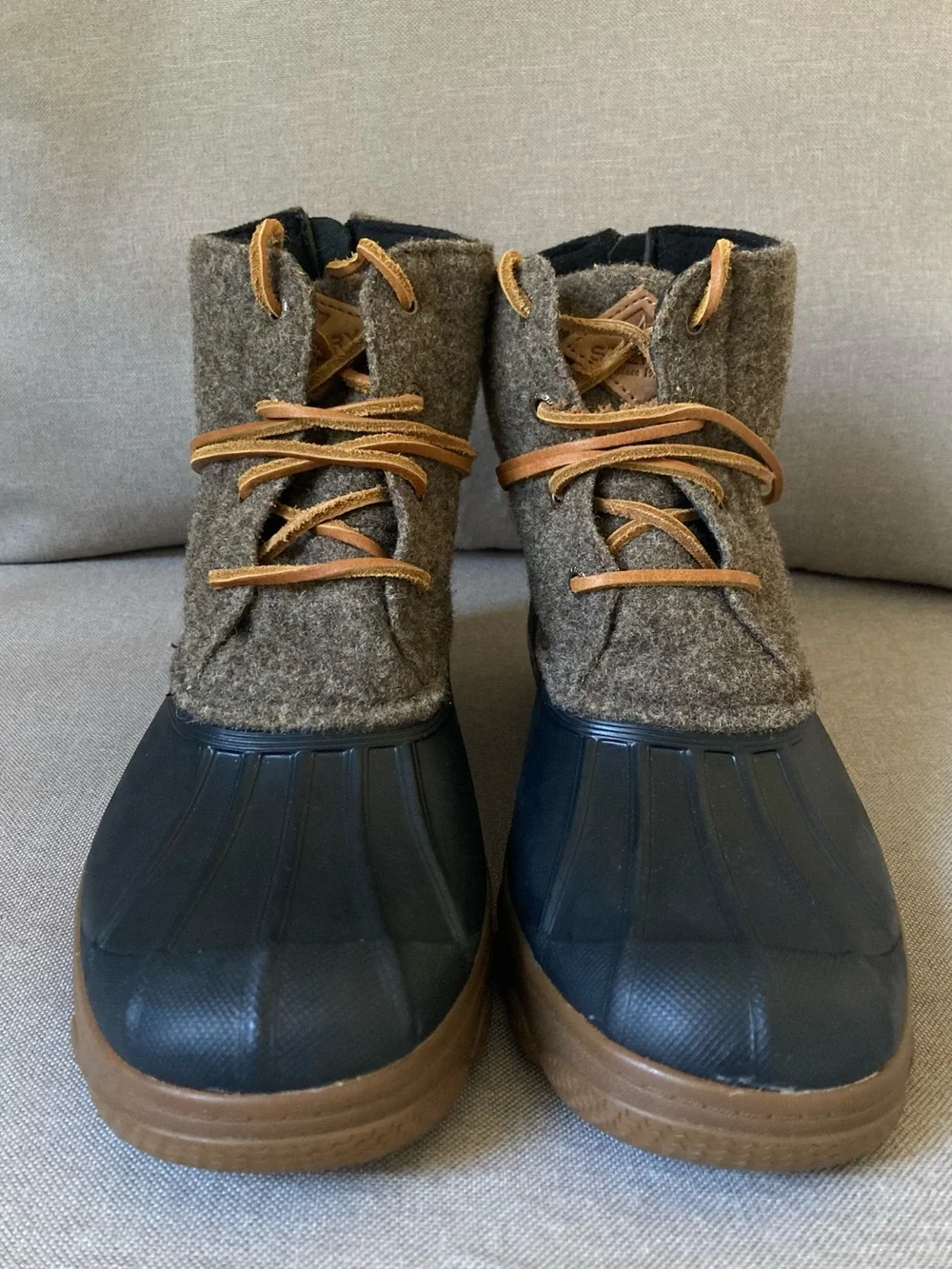 Sperry Saltwater Wedge Tide Wool Duck Boots Gray Navy Women’s 8 NWOB